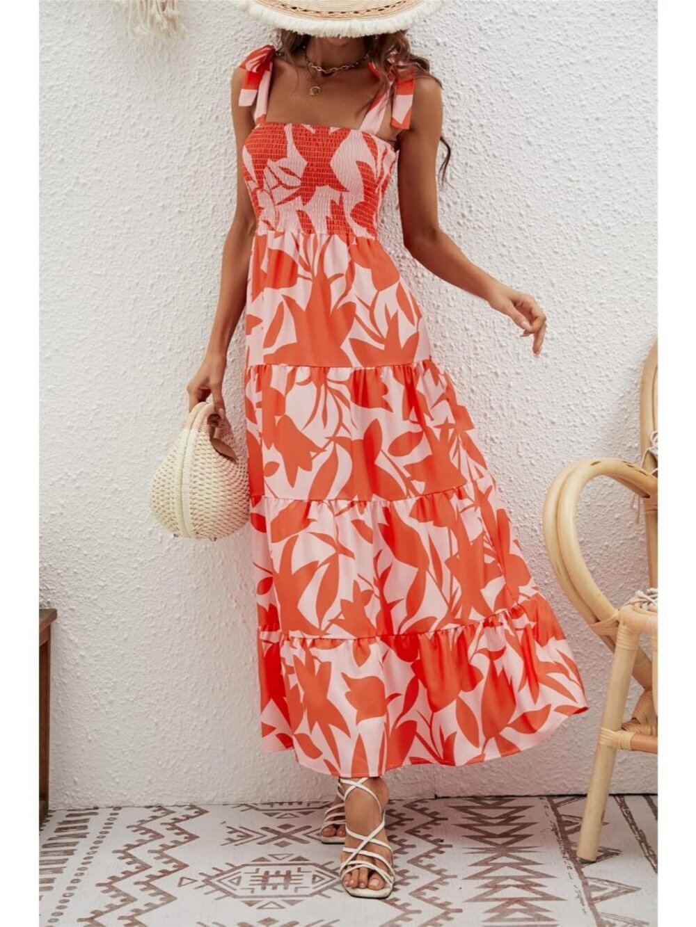 Women's Orange Floral 1 Sleeveless Square Neck Ruffle Flowy Imported Maxi Dress - Picture 4 of 6